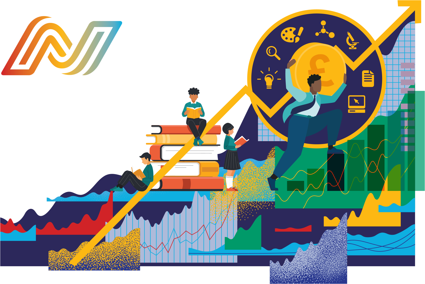 Illustration of the National Fair Funding Conference 2025, featuring diverse people with books and a coin, surrounded by graphs and charts.