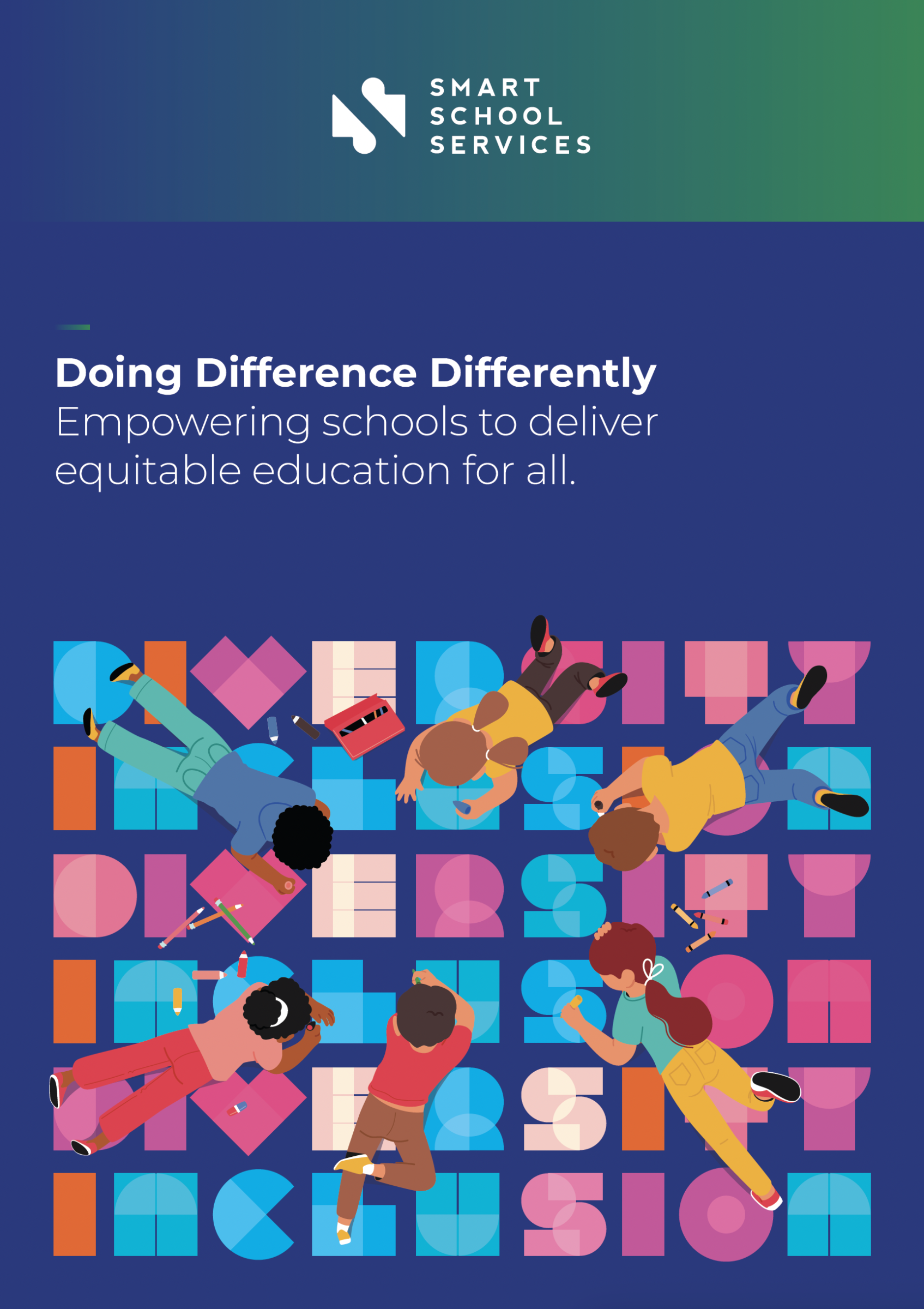 Children painting a colorful mural with the words "Diversity," "Equity," "Inclusion." Text reads: "Doing Difference Differently - Empowering schools to deliver equitable education for all.