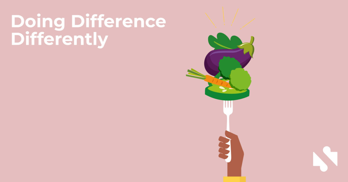 Illustration of a hand holding a fork with various vegetables, including an eggplant, carrot, and broccoli, on a pink background. Text says, "Doing Difference Differently.