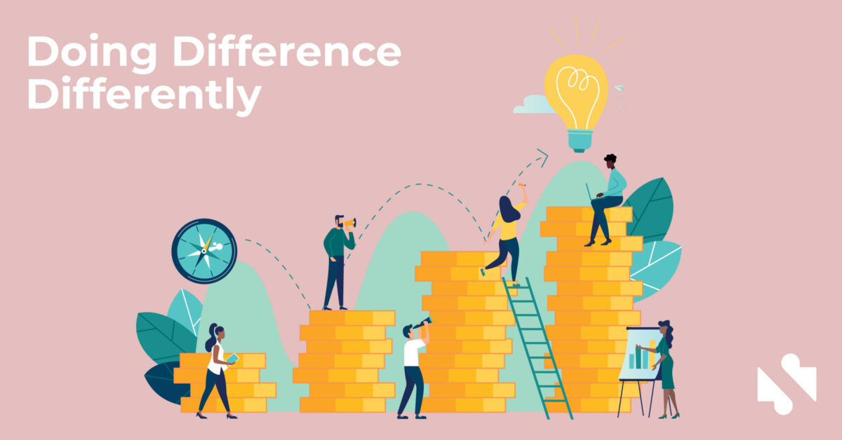 Illustration of people standing on gold coin stacks, collaborating and brainstorming, with the text "Doing Difference Differently" and a graphic of a light bulb.