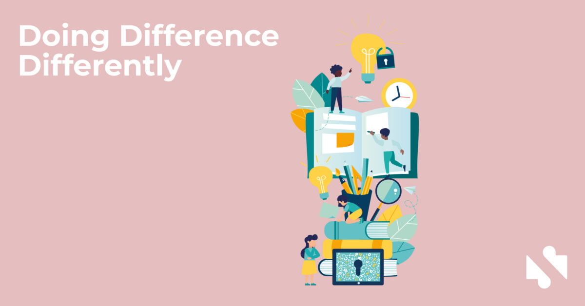 Illustrated concept of innovation: People engage in diverse activities amidst books, lightbulbs, clocks, and other symbols. Text reads "Doing Difference Differently" on a pink background.