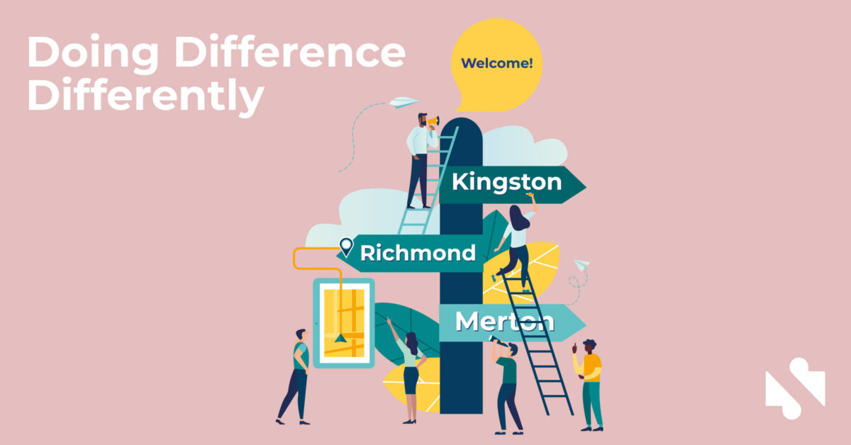 Illustration of people around a signpost with directions to Kingston, Richmond, and Merton. A speech bubble says "Welcome!" The text reads "Doing Difference Differently.