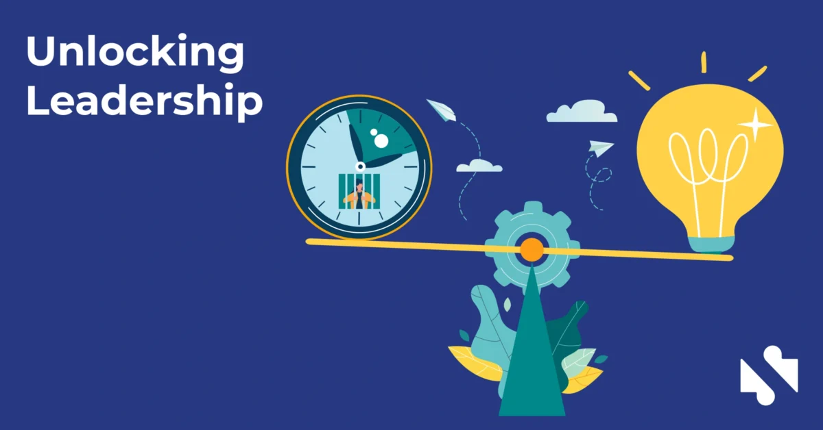 A clock and lightbulb balanced on a seesaw with gears and leaves underneath, next to the text "Unlocking Leadership" on a blue background.