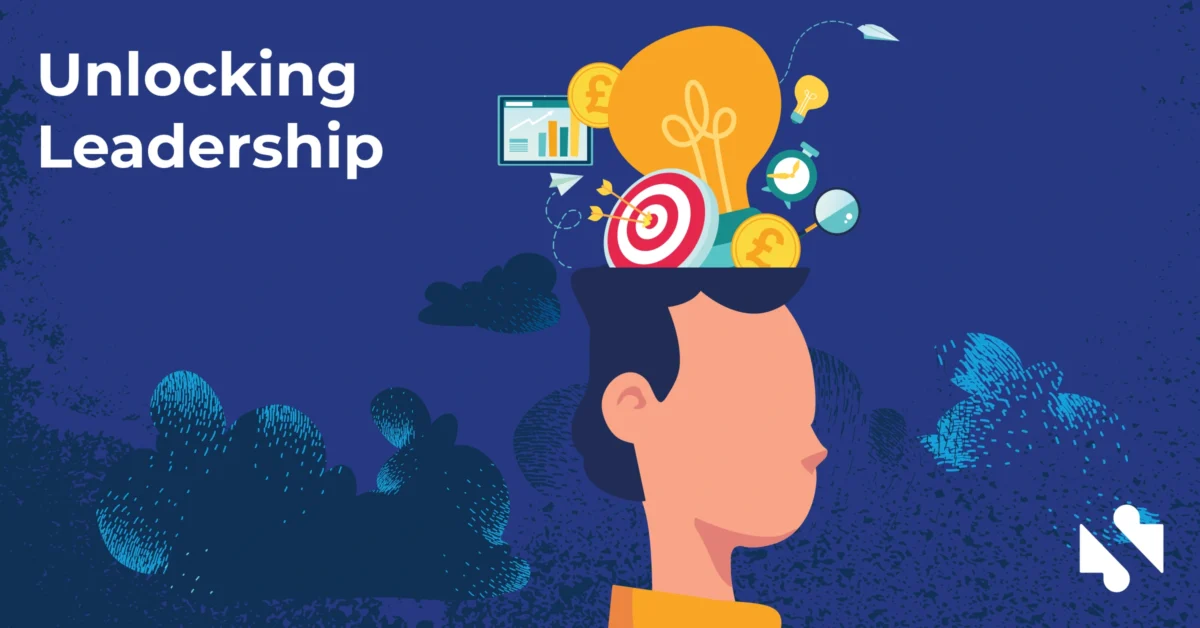 Illustration of a person with symbols of ideas, targets, and finance emerging from their head, next to the text "Unlocking Leadership" on a blue background.