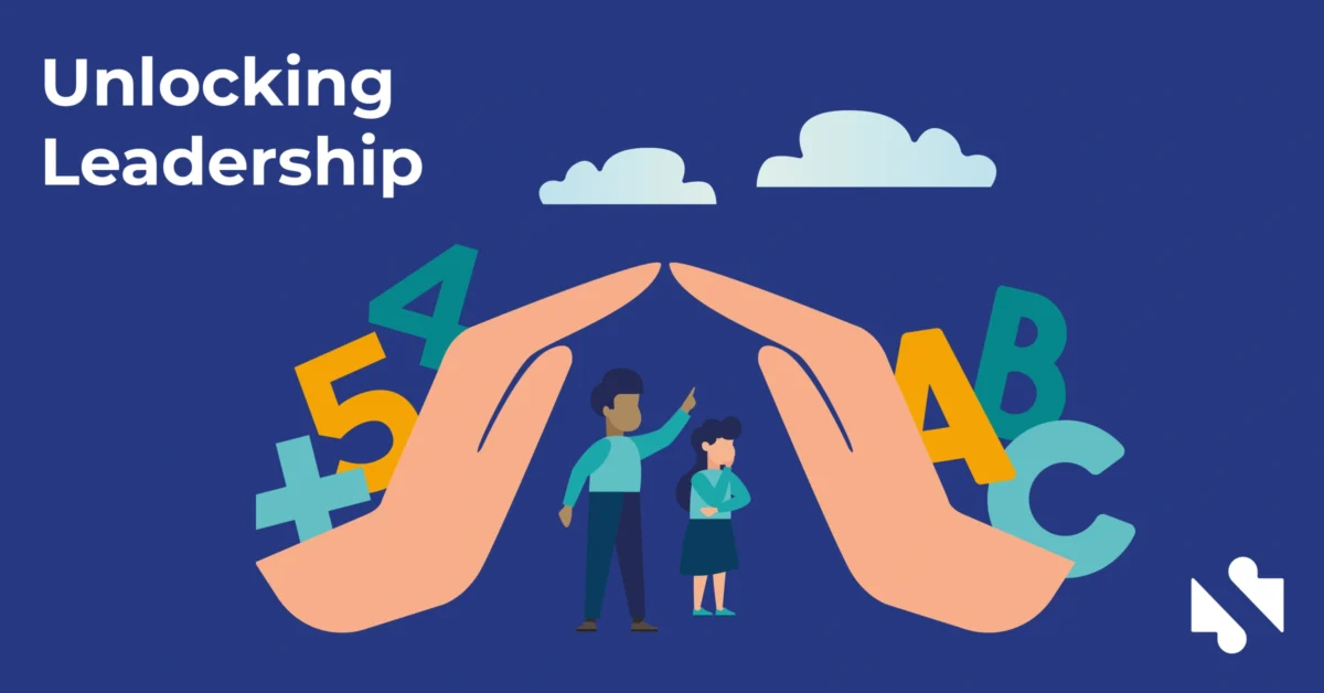 Two large hands form a roof shape over two people standing amid floating letters and numbers, with the text "Unlocking Leadership" on a blue background.