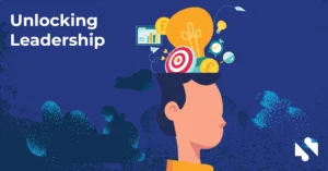 Illustration of a person with symbols of ideas, targets, and finance emerging from their head, next to the text "Unlocking Leadership" on a blue background.