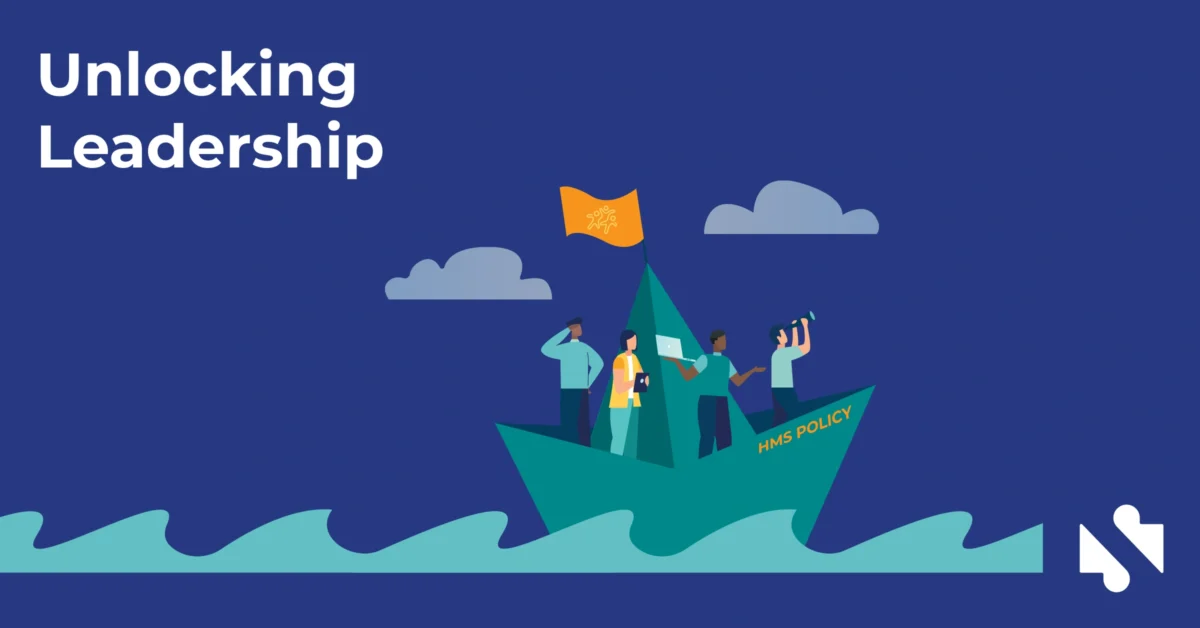 Illustration of four people on a boat labeled "HMS Policy," holding telescopes and papers, with the text "Unlocking Leadership" on a blue background.