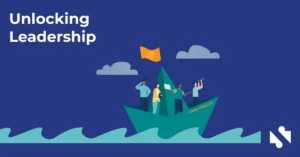 Illustration of four people on a boat labeled "HMS Policy," holding telescopes and papers, with the text "Unlocking Leadership" on a blue background.