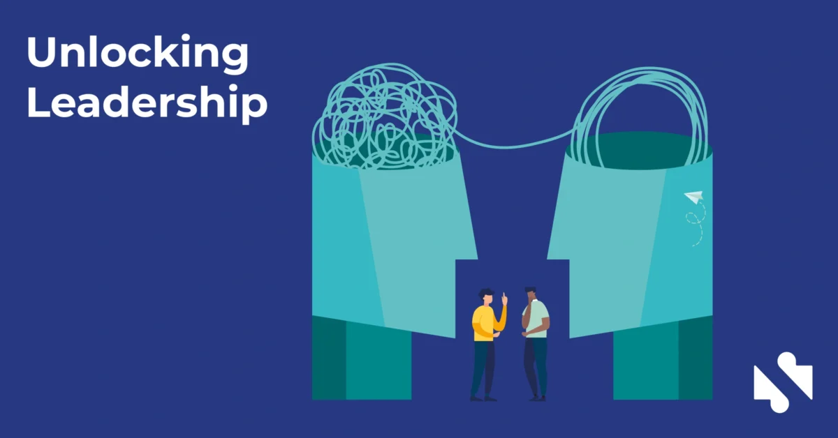 Illustration of two people talking beneath two abstract heads with tangled and untangled lines, symbolizing communication, with the text "Unlocking Leadership" on a blue background.
