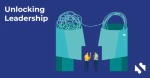 Illustration of two people talking beneath two abstract heads with tangled and untangled lines, symbolizing communication, with the text "Unlocking Leadership" on a blue background.