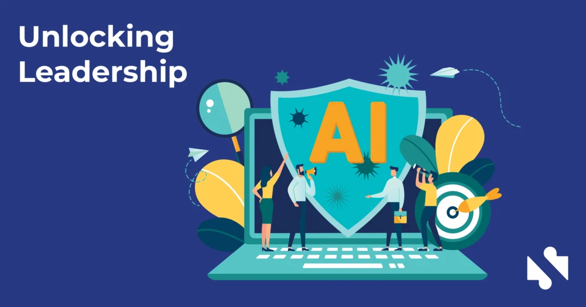 Illustration of people standing on a laptop keyboard with a large shield labeled "AI," surrounded by icons, next to the text "Unlocking Leadership" on a blue background.